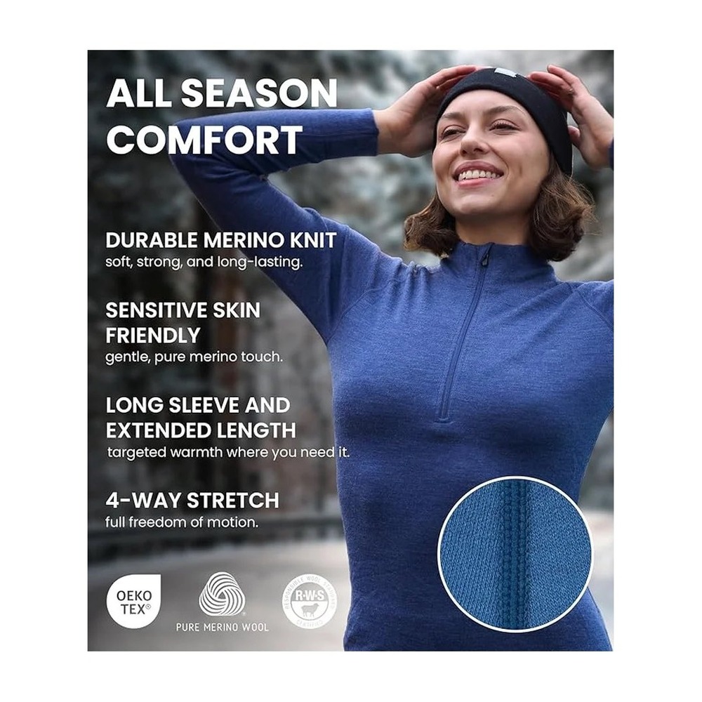 Merino.tech Womens 100% Merino Wool 320 Midweight Quarter Zip Base Layer Grey S - Picture 3 of 8